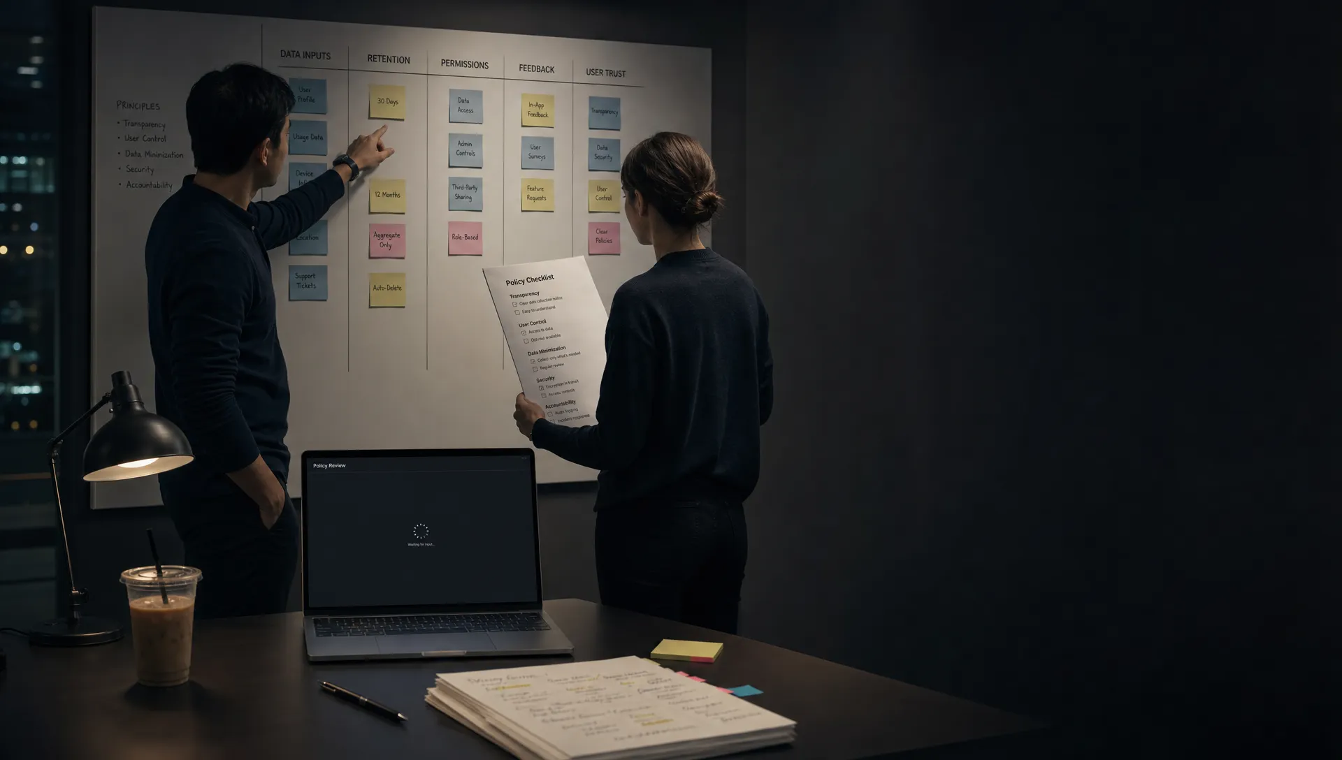Landscape late-evening office scene with two product teammates standing over a wall-mounted planning board, one pointing at columns labeled data inputs, retention, permissions, feedback, and user trust while the other reads a printed policy checklist. A laptop on the table faces the camera and shows an empty review workspace with a waiting cursor and no content visible. On the table are a pen, a cold coffee, a stack of marked notes, and a few sticky flags. The room is mostly dark, lit by monitor glow and a desk lamp, with deep clean shadows, a restrained cool-toned accent, and open space on the right for text overlay.