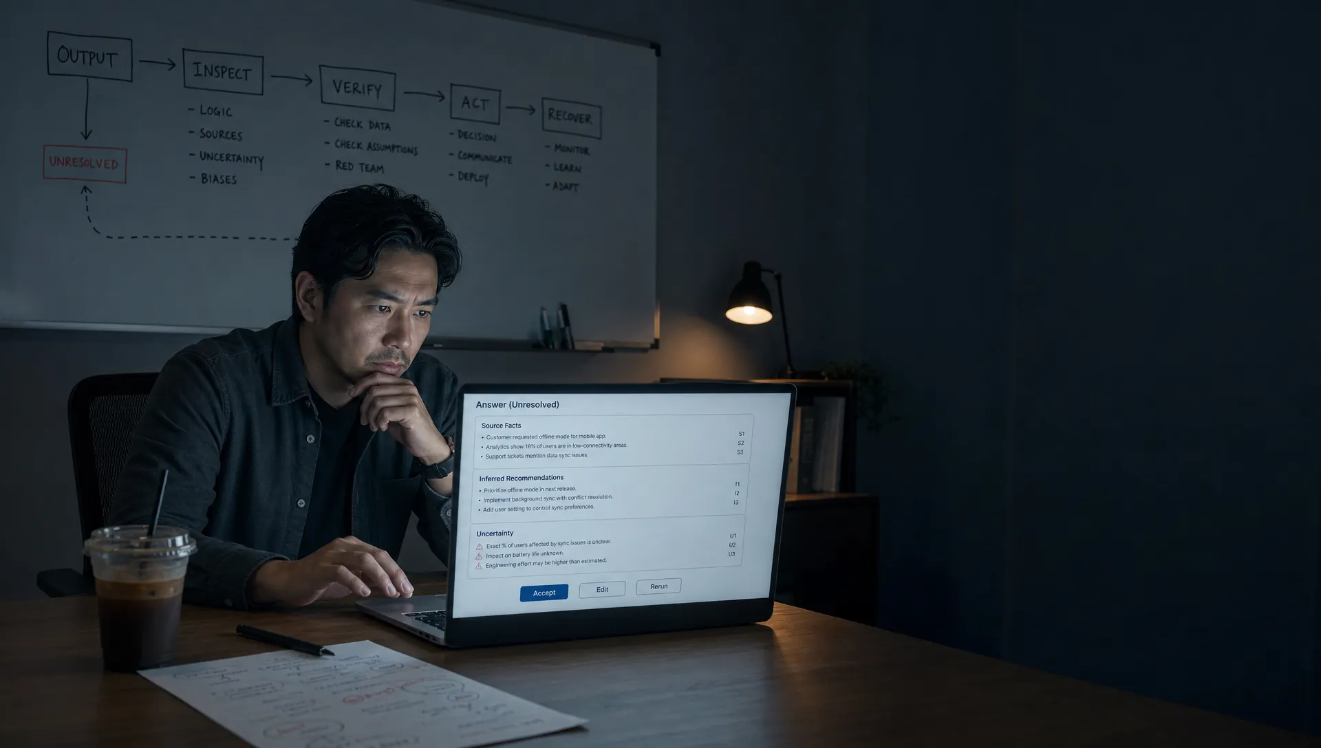 Landscape late-evening office scene in a quiet product workspace, with a single product manager seated near the left-center of the frame and studying a laptop that faces the camera, showing an unresolved AI answer split into source facts, inferred recommendations, and local uncertainty markers, with the screen otherwise plain and nothing displayed behind it. Their hand hovers over the trackpad as if deciding whether to accept, edit, or rerun. On the desk are a cold coffee, a pen, and a printed review sheet with corrections and notes. Behind them, a whiteboard is covered with a rough decision path from output to inspect to verify to act to recover, with one branch still unresolved. The room is mostly dark, lit by monitor glow and a small desk lamp, with deep clean shadows, a restrained cool-toned accent, and open space on the right for text overlay.