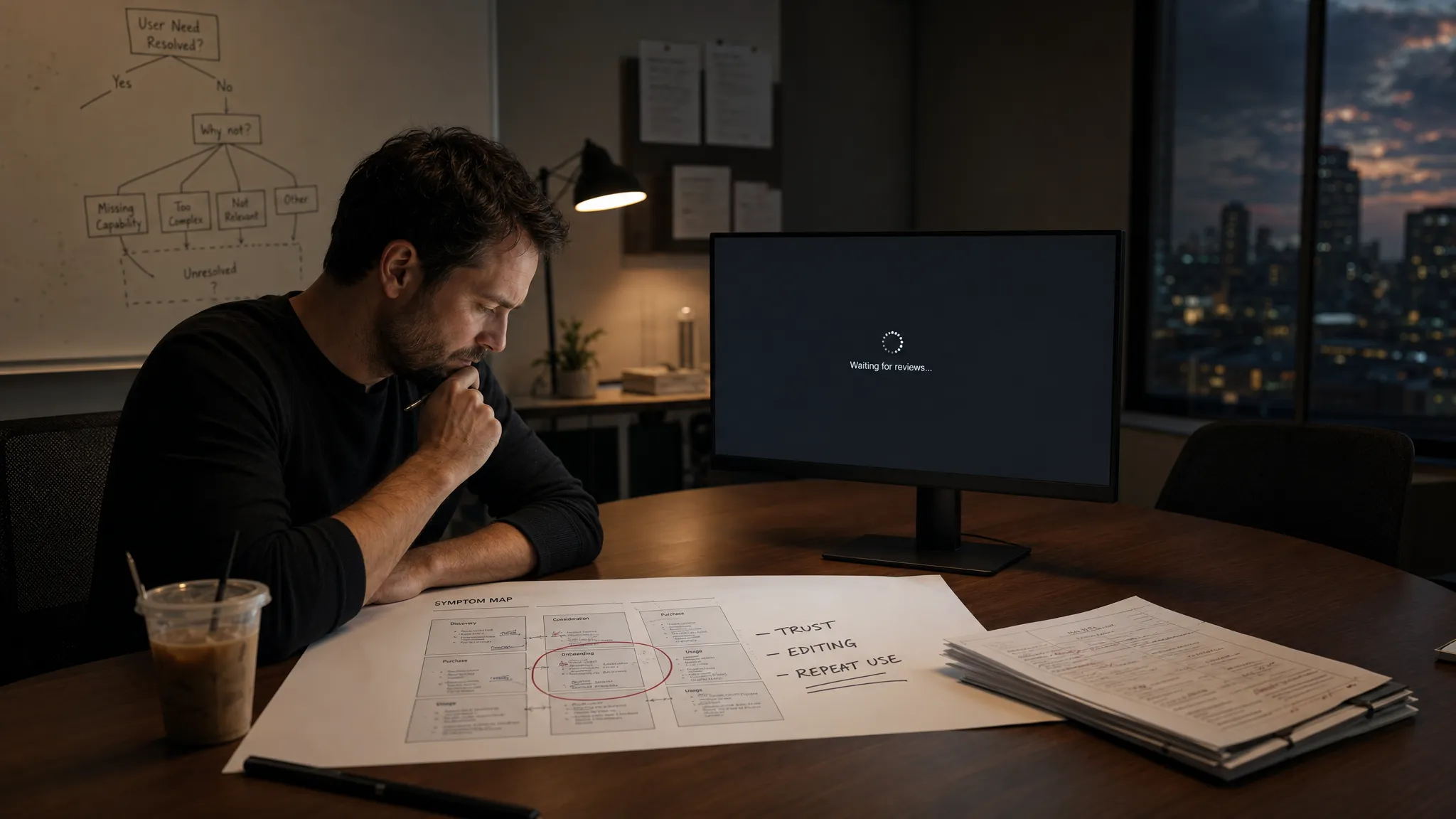 Landscape late-evening office scene with a single product manager left-of-center studying a printed symptom map spread across a conference table, with one section circled and several handwritten notes about trust, editing, and repeat use. A monitor on the table faces the camera and shows an empty review state with a waiting cursor and no content visible. In the background, a whiteboard holds a rough decision tree with a few unresolved branches. On the table are a pen, a cold coffee, and a stack of marked pages. The mood is dark, considered, and slightly tense, with practical light from the monitor and a desk lamp, and open space on the right for text overlay.