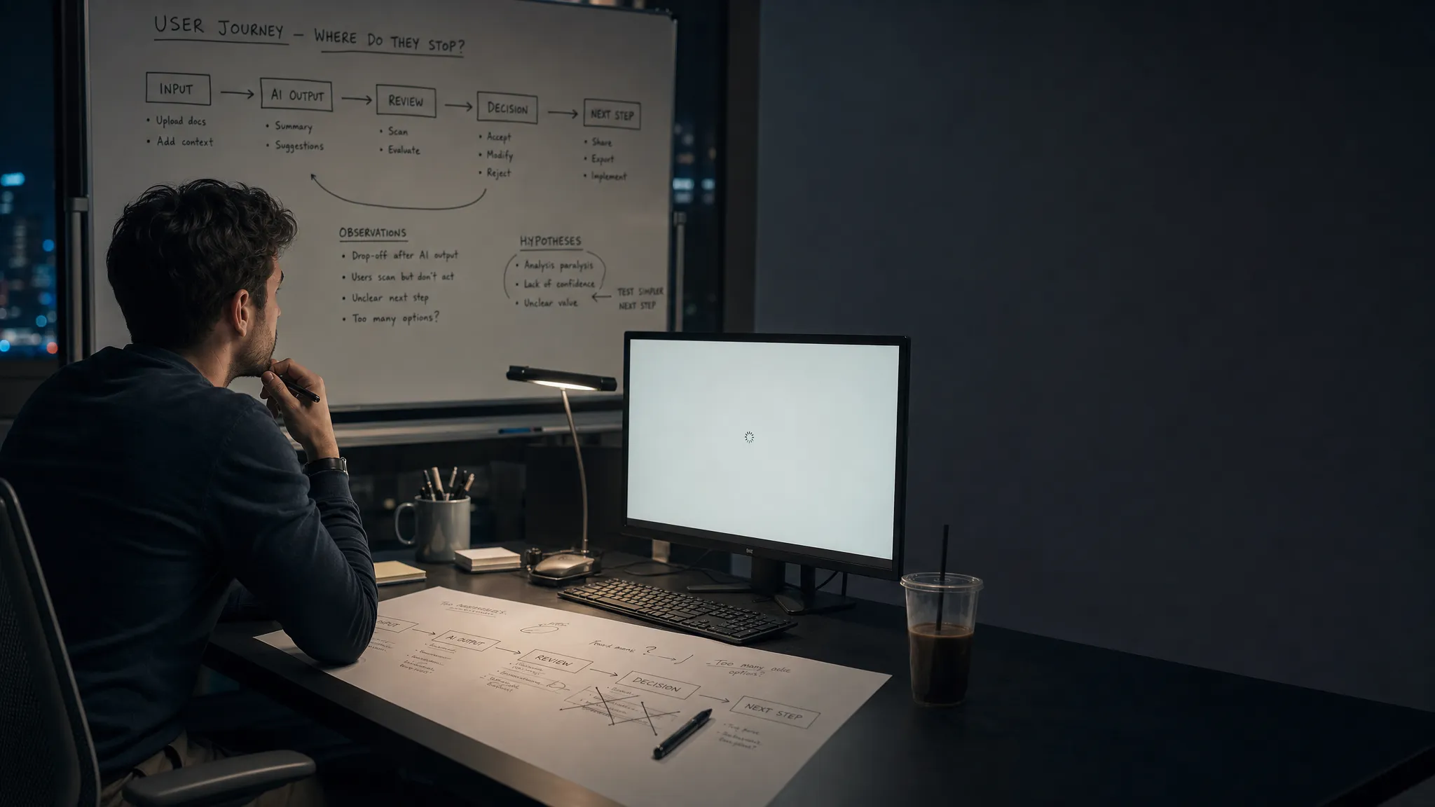 Landscape late-evening office scene in a dim product workspace, with a single product lead seated left-of-center and studying a large whiteboard covered in a few workflow states, arrows, and handwritten notes about where users stop after AI output. A monitor on the desk faces the camera and shows a blank workflow view with a waiting cursor and no other content visible. In the foreground, a printed workflow map lies partly marked up with a pen, a few crossed-out boxes, and a cold coffee beside the keyboard. The person is turned toward the board and screen as if trying to identify the break in the routine. Practical monitor glow and a small desk lamp provide the only light. Deep, clean shadows, desaturated base with one restrained cool accent, quiet and slightly tense mood, with open space on the right for text overlay.