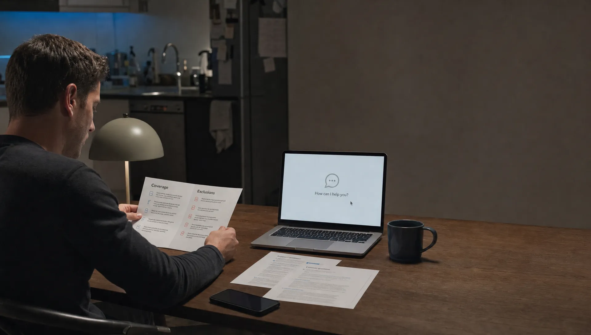 A product manager reviews a dataset card at a kitchen table beside support printouts and a waiting laptop.