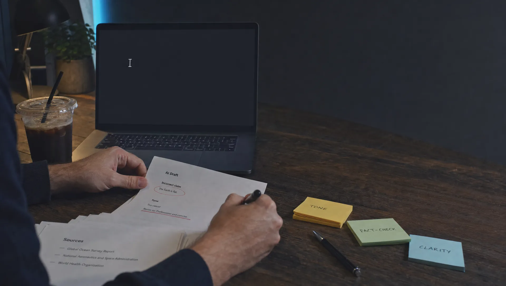 Hands mark up an AI draft on paper while the laptop waits behind them in a late-evening product review.