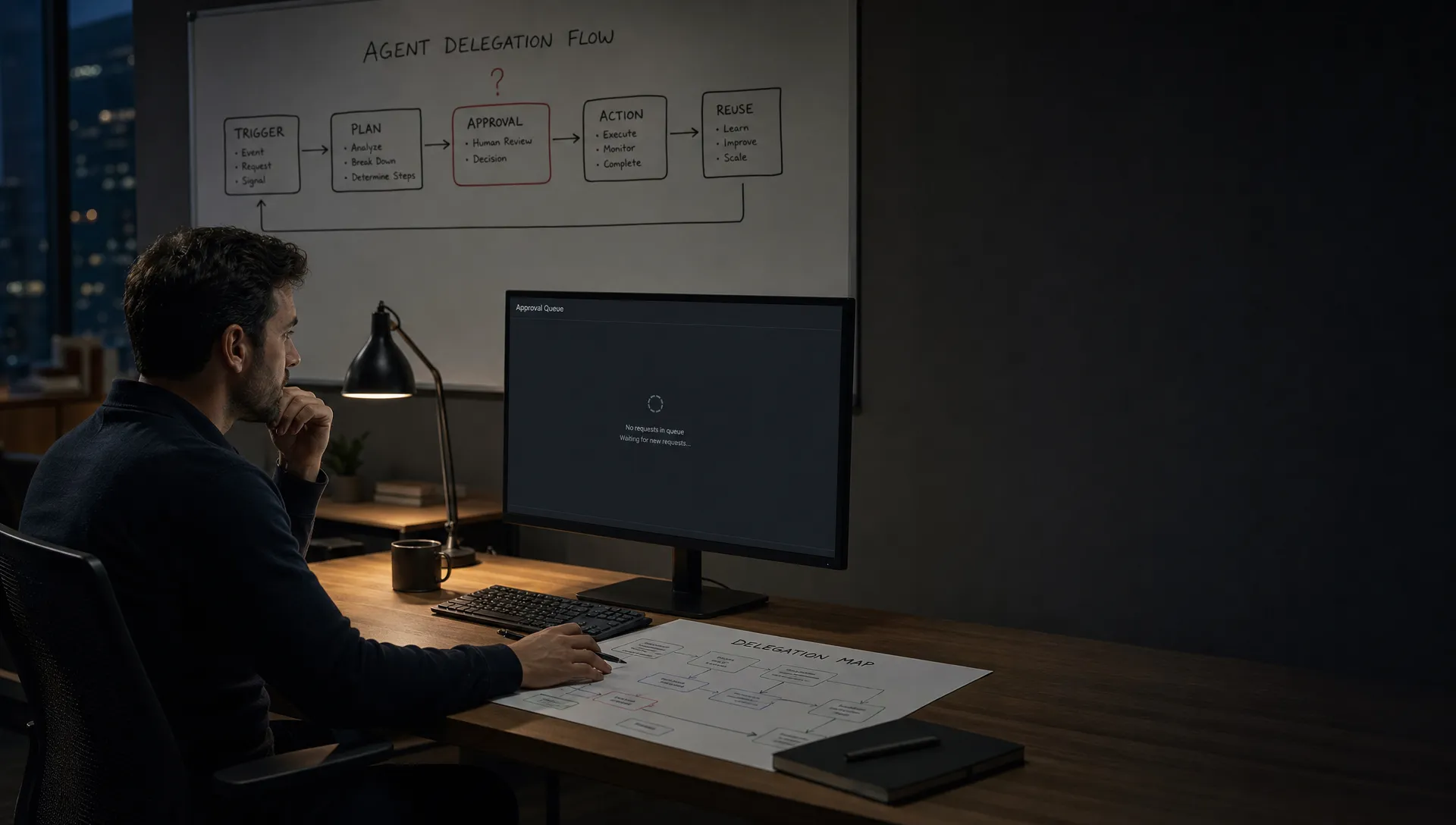 Landscape late-evening office scene in a quiet product workspace, with a single product manager seated left of center and studying a printed delegation map spread across the desk. A monitor faces the camera and shows an empty approval queue with a waiting cursor and no content visible. The person has one hand hovering over the keyboard and the other near a pen, as if deciding whether the agent should be allowed to act. On the wall behind them, a whiteboard traces a simple chain from trigger to plan to approval to action to reuse, with the approval step marked as unresolved. The room is mostly dark, lit only by monitor glow and a desk lamp, with deep clean shadows, a restrained cool-toned accent, and open space on the right for text overlay.