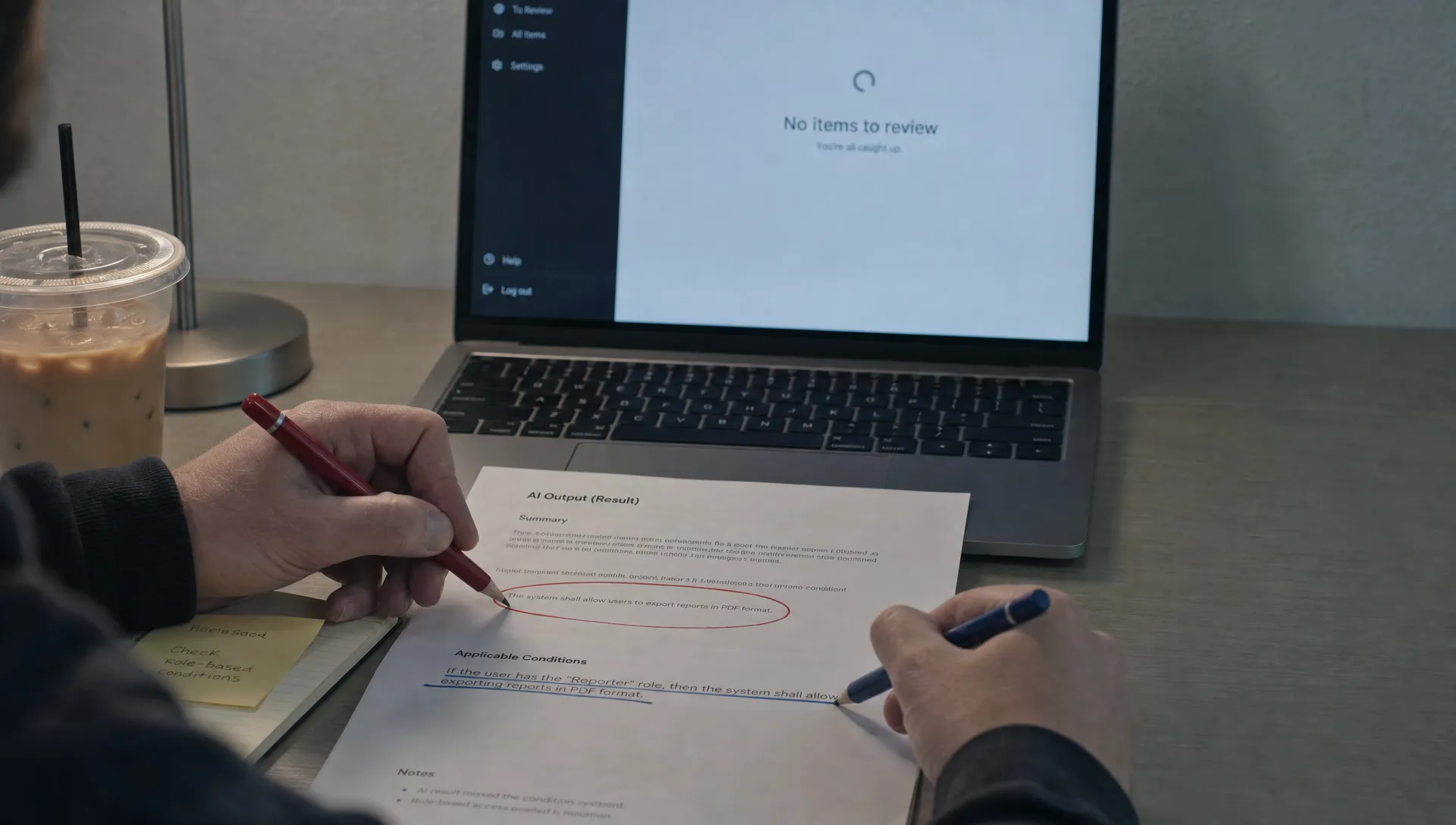 Hands mark up an AI result on paper beside source notes and a laptop with a waiting cursor.