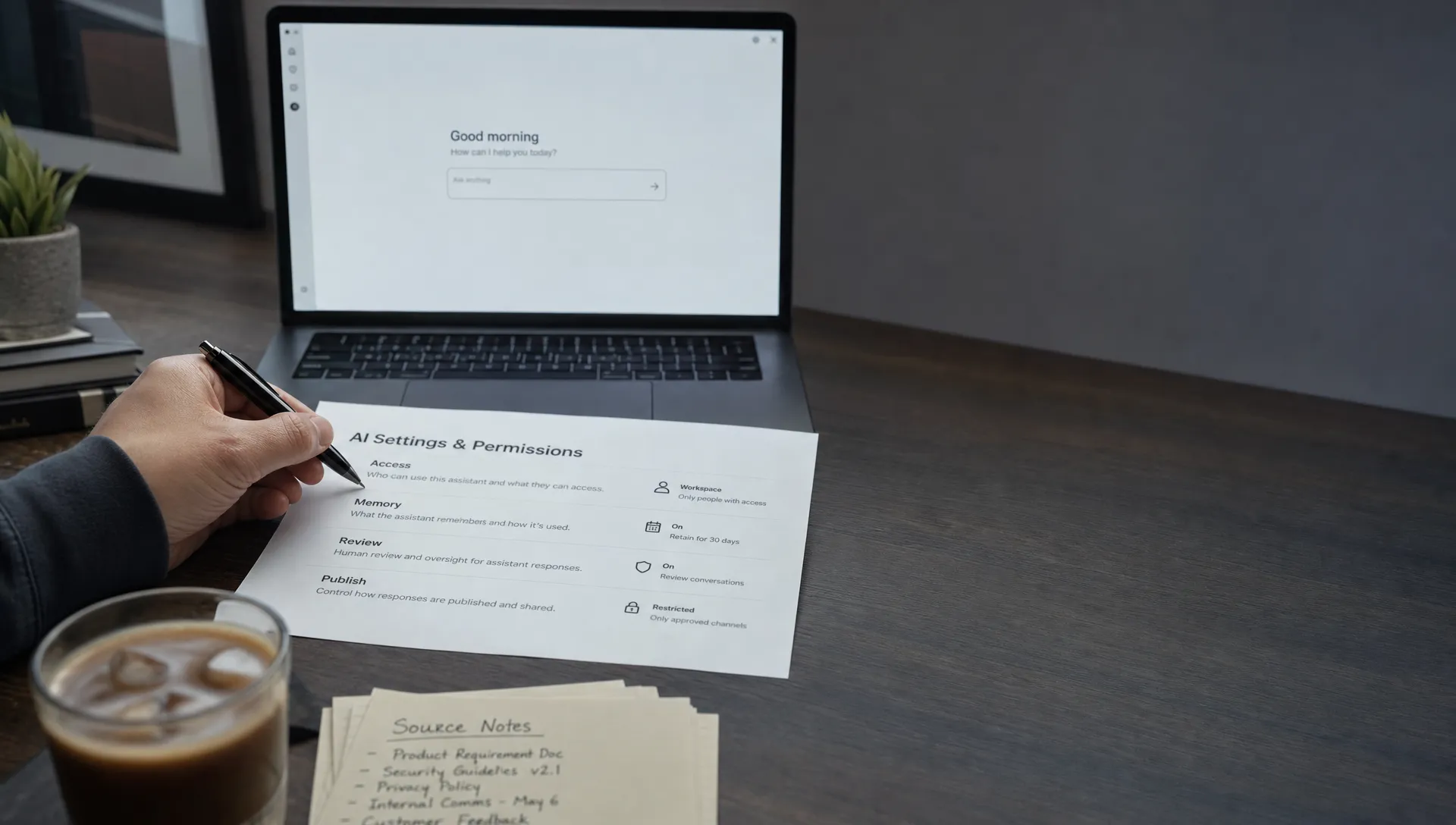 A printed AI settings page on a desk shows access, memory, review, and publish controls beside a keyboard and cold coffee.
