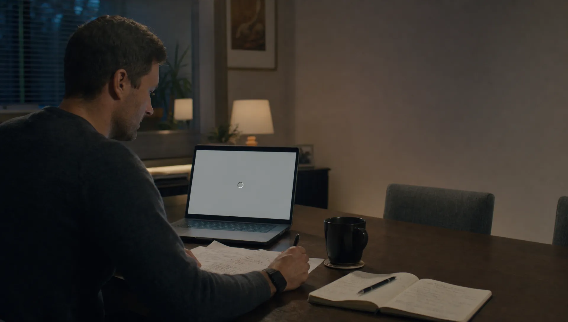 A product lead reviews an AI draft at a home table with a laptop, notebook, and handwritten corrections.