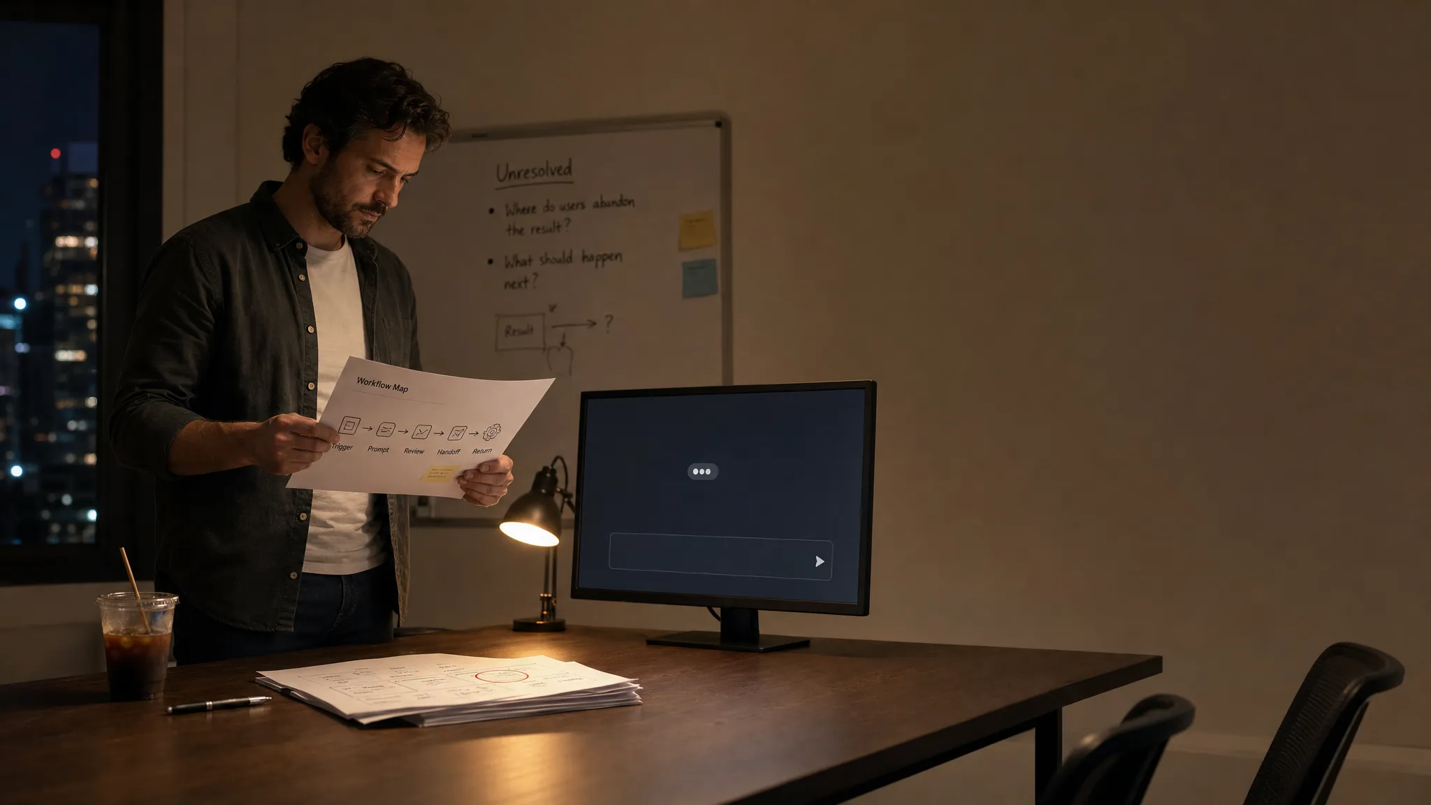 Landscape late-evening product workspace scene with a single product manager left-of-center standing beside a conference table, studying a printed workflow map that traces trigger, prompt, review, handoff, and return. A monitor on the table faces the camera and shows an empty AI response pane with a waiting cursor and no other content visible. A whiteboard in the background has a few unresolved notes about where users abandon the result and what should happen next. On the table are a pen, a cold coffee, and a small stack of marked pages with one step circled. The mood is quiet, considered, and slightly tense, with practical light from the monitor and a desk lamp, and open space on the right for text overlay.