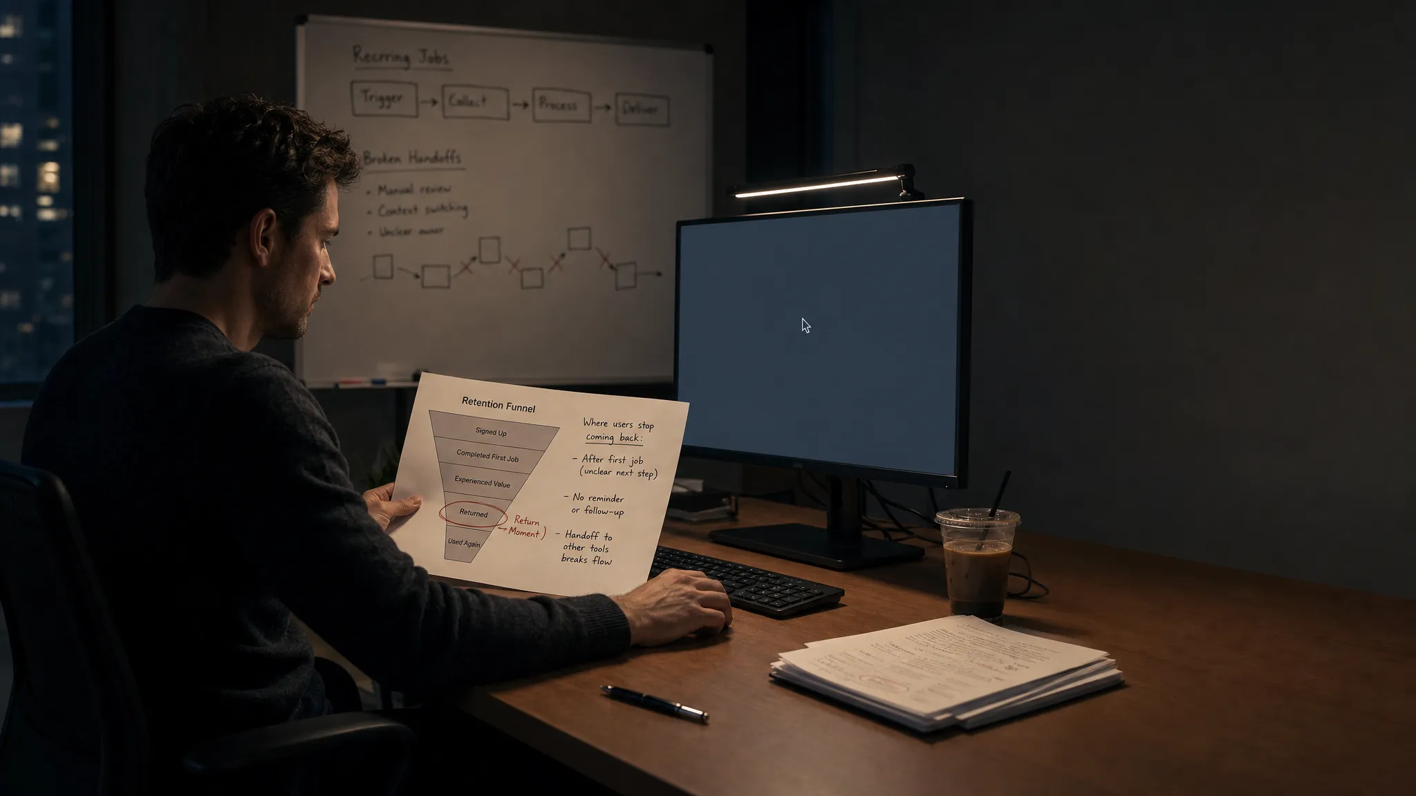 Landscape late-evening office scene with a single product lead seated left-of-center at a conference table, studying a printed retention funnel with one step marked as the return moment and several handwritten notes about where users stop coming back. A monitor faces the camera and shows an empty workflow view with a waiting cursor and no other content visible. On the table are a pen, a cold coffee, and a small stack of marked-up session notes. In the background, a whiteboard holds a simple map of recurring jobs and broken handoff points. One hand rests on the paper while the other hovers near the keyboard, as if deciding what blocked repeat use. Practical monitor glow and a small desk lamp provide the only light. Deep, clean shadows, desaturated base with one restrained cool accent, quiet and slightly tense mood, with open space on the right for text overlay.