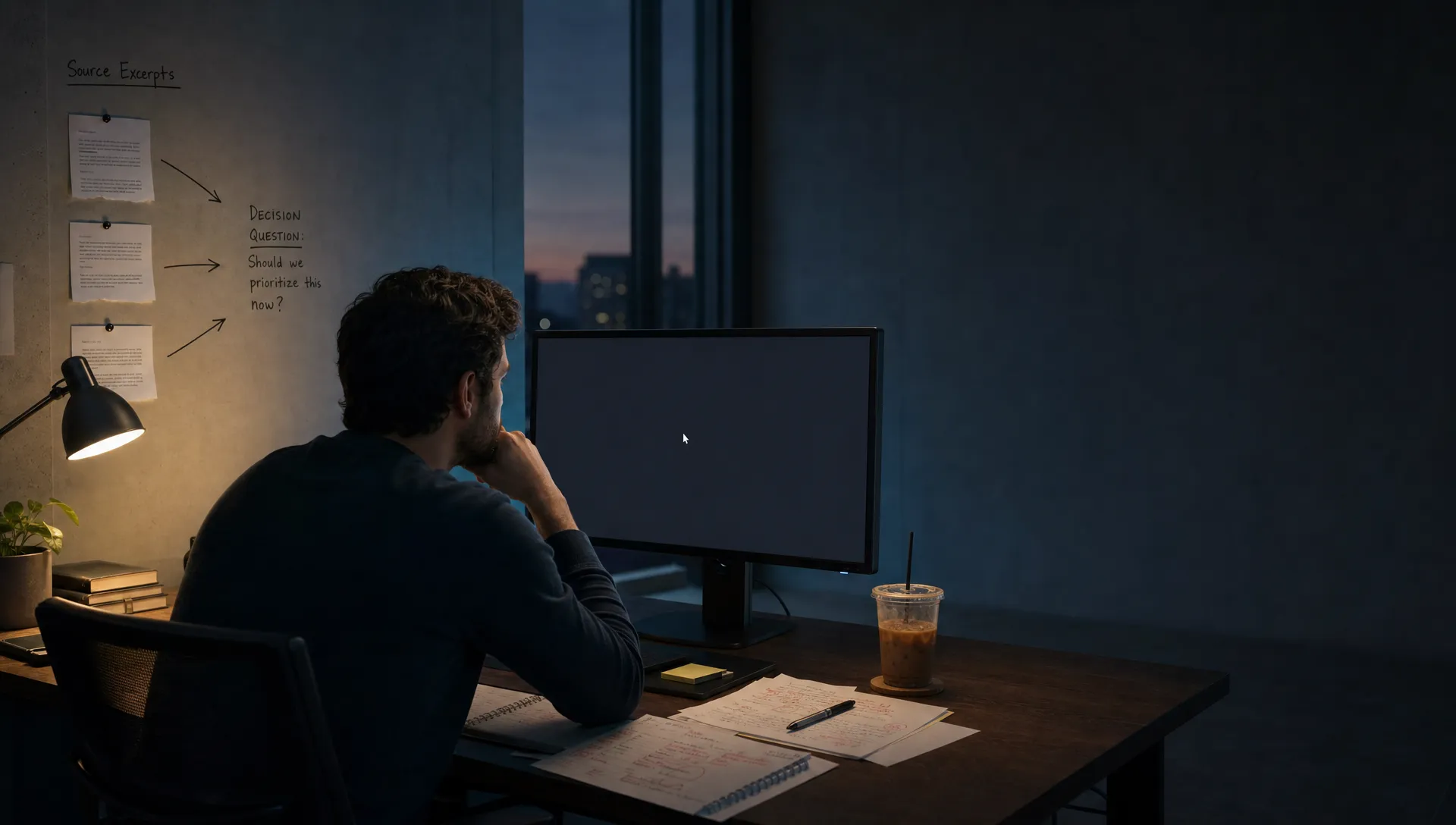 Landscape late-evening office scene in a quiet product workspace, with a single product lead seated left-of-center and leaning toward a monitor that faces the camera and shows an empty review workspace with a waiting cursor and no content visible. On the desk are printed notes covered in red marks, a pen, and a cold coffee. A wall nearby has a few pinned source excerpts and short arrows linking them to a handwritten decision question. The room is mostly dark, lit by monitor glow and a desk lamp, with deep clean shadows, a restrained cool-toned accent, and open space on the right for text overlay.