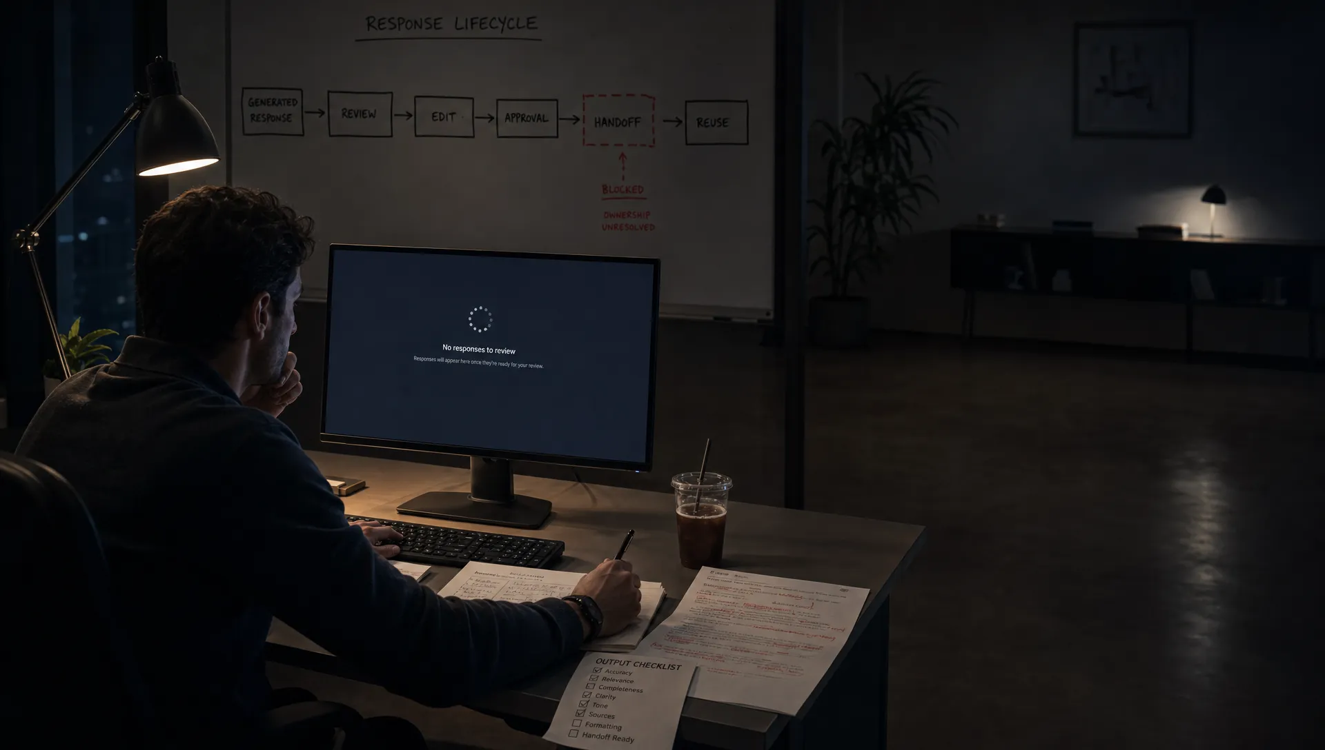 Landscape late-evening office scene in a quiet product workspace, with a single product lead left of center leaning toward a monitor that faces the camera and shows an empty review state with a waiting cursor and no content displayed. On the desk are a printed output checklist, a marked-up draft, and a cold coffee, while one hand rests on the keyboard and the other holds a pen above the notes. In the background, a whiteboard maps the path from generated response to review, edit, approval, handoff, and reuse, with the handoff step clearly unresolved. The room is mostly dark, lit only by monitor glow and a desk lamp, with deep clean shadows, a restrained cool-toned accent, and open space on the right for text overlay.