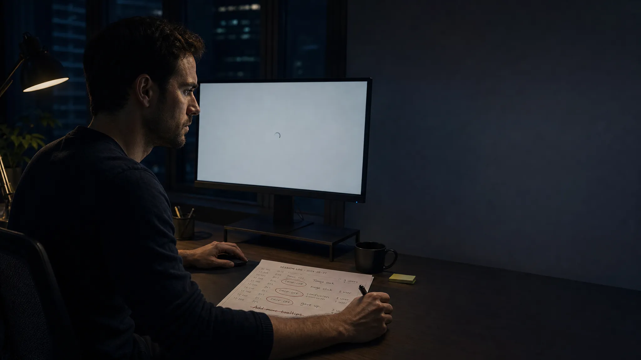 Landscape late-evening office scene with a single product manager seated left-of-center, staring at a monitor that faces the camera and shows a blank workflow state with a waiting cursor and nothing else displayed. On the desk in front of them is a printed session log covered with circled drop-offs, short notes, and one crossed-out line, while one hand rests near the mouse and the other holds a pen above the page. The room is lit only by the monitor and a small desk lamp. Deep, clean shadows, a restrained cool accent, tense and unresolved mood, with open space on the right for text overlay.