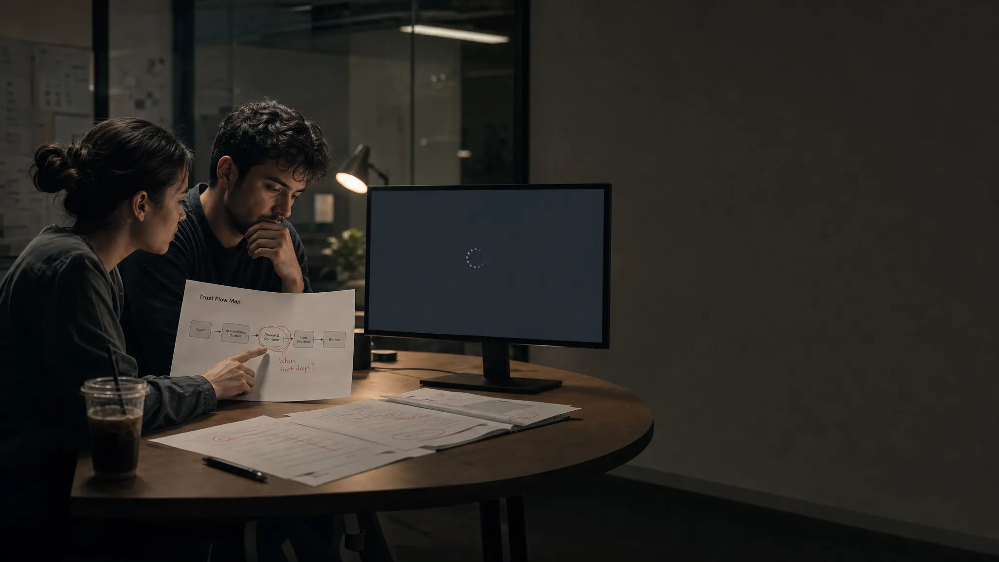 Landscape late-evening office scene with two product teammates seated at a conference table, quietly examining a printed trust-flow map and a marked-up output sample. One person points at a step where the output is reviewed and compared, while the other studies a monitor that faces the camera and shows an empty review state with a waiting cursor and no content visible. On the table are a pen, a cold coffee, and a few stacked pages with corrections and cross-outs. The setup feels unresolved, as if they are trying to identify where users stop believing the AI result is safe to use. Practical monitor glow and a small desk lamp provide the only light. Deep, clean shadows, desaturated base with one restrained cool accent, quiet and slightly tense mood, with open space on the right for text overlay.