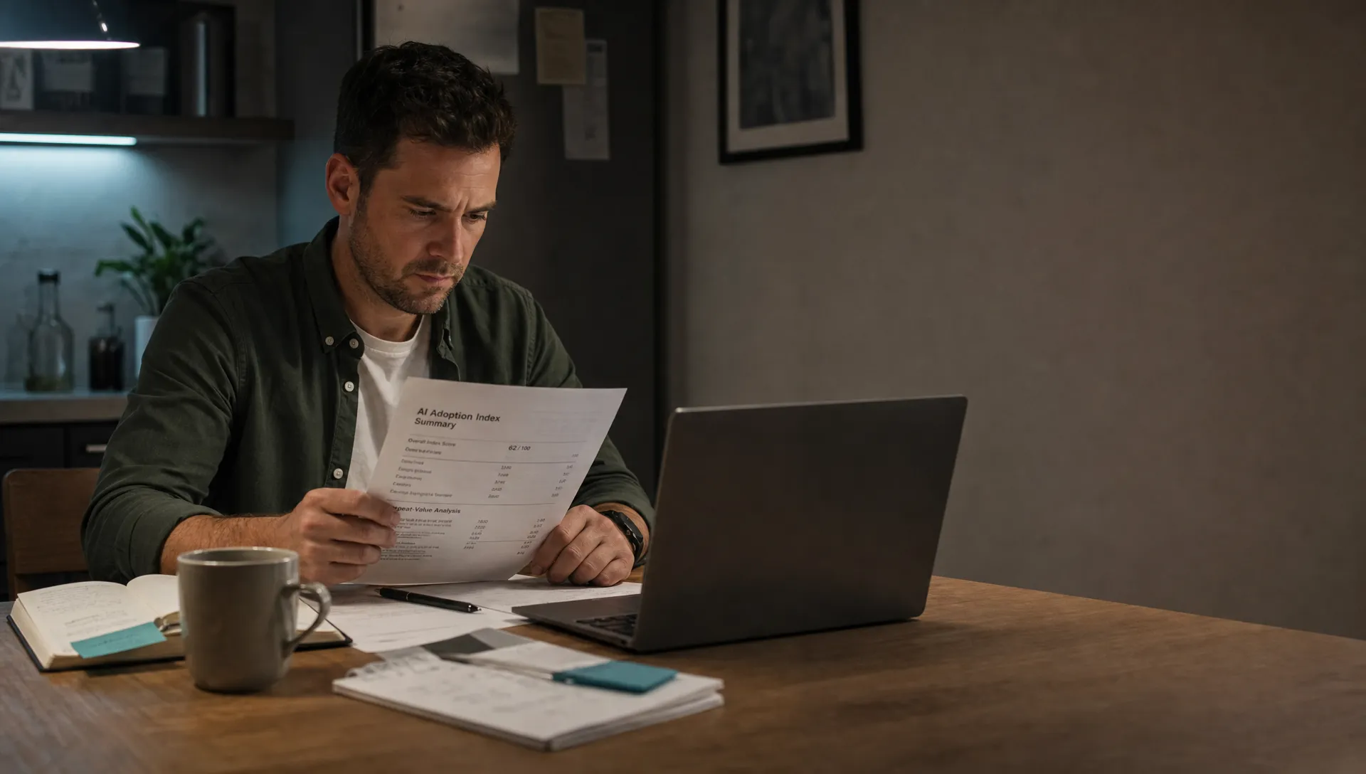 A product manager reads an AI adoption index summary at a kitchen table beside a laptop and notes.