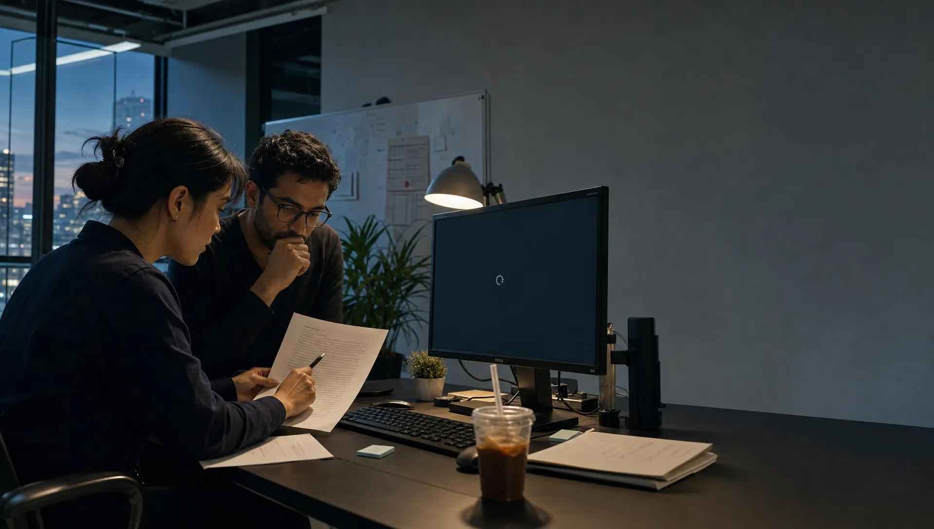 Two product teammates review an AI response on paper while a monitor waits for approval nearby.