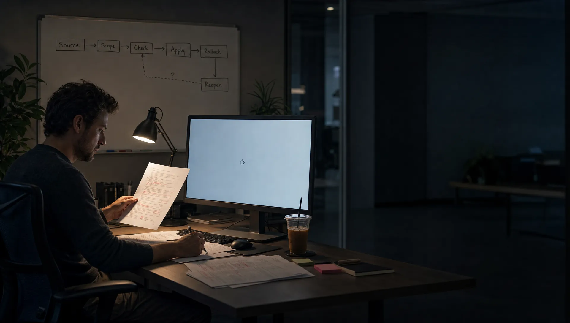 Landscape late-evening office scene in a quiet product workspace, with a single product lead seated near the left side of the frame at a desk and reading a printed review sheet while a monitor faces the camera and shows a blank acceptance screen with a waiting cursor and no content visible. In front of the screen are a few marked-up source excerpts, a pen held above one line, and a cold coffee. On the wall behind the desk is a whiteboard with a rough flow of source, scope, check, apply, rollback, and reopen, with one branch still unresolved. The room is mostly dark, lit by monitor glow and a desk lamp, with deep clean shadows and a restrained cool-toned accent, and open space on the right for text overlay.