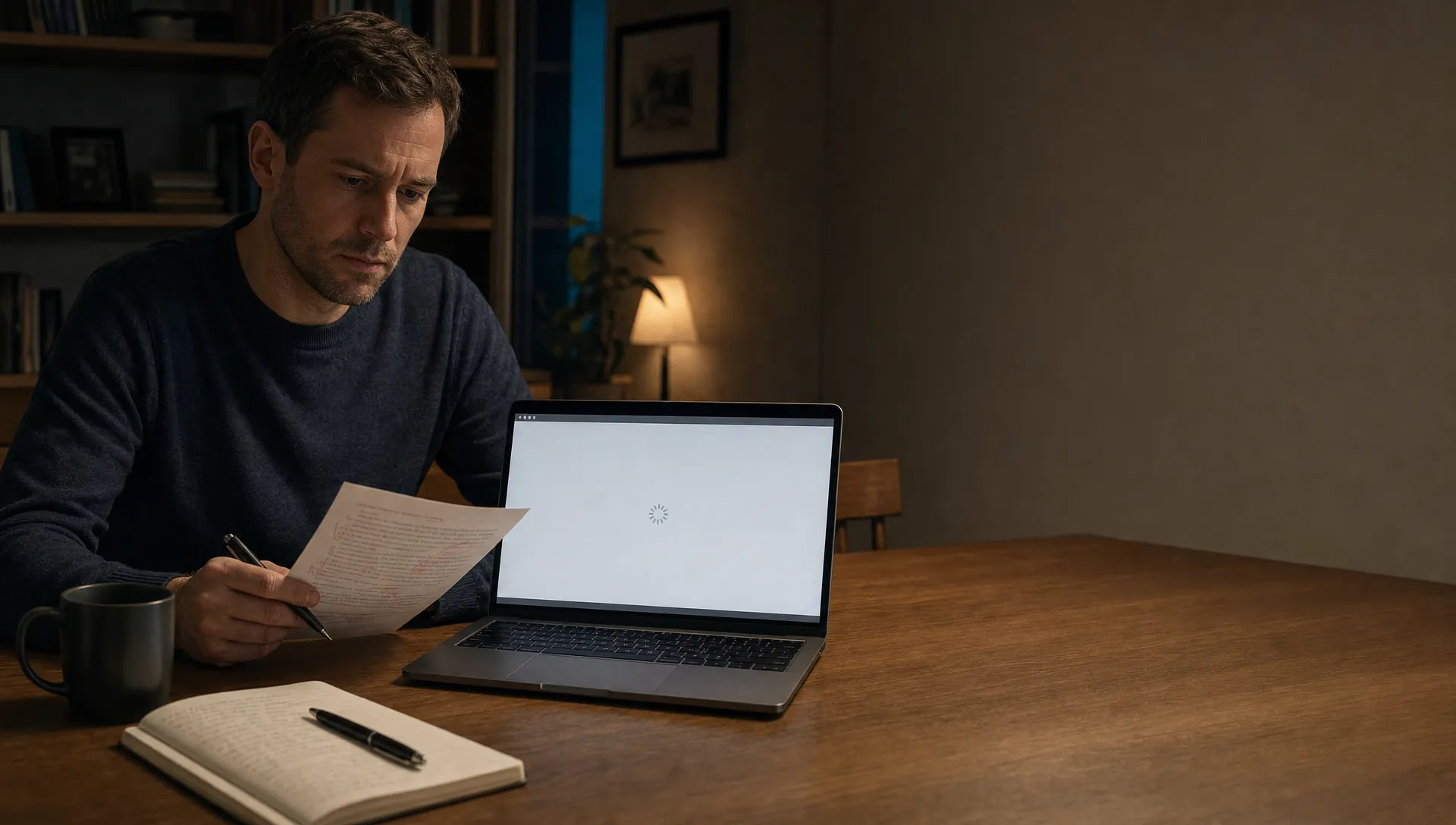 At a dining table, a product lead compares an AI access request with handwritten notes before approving it.