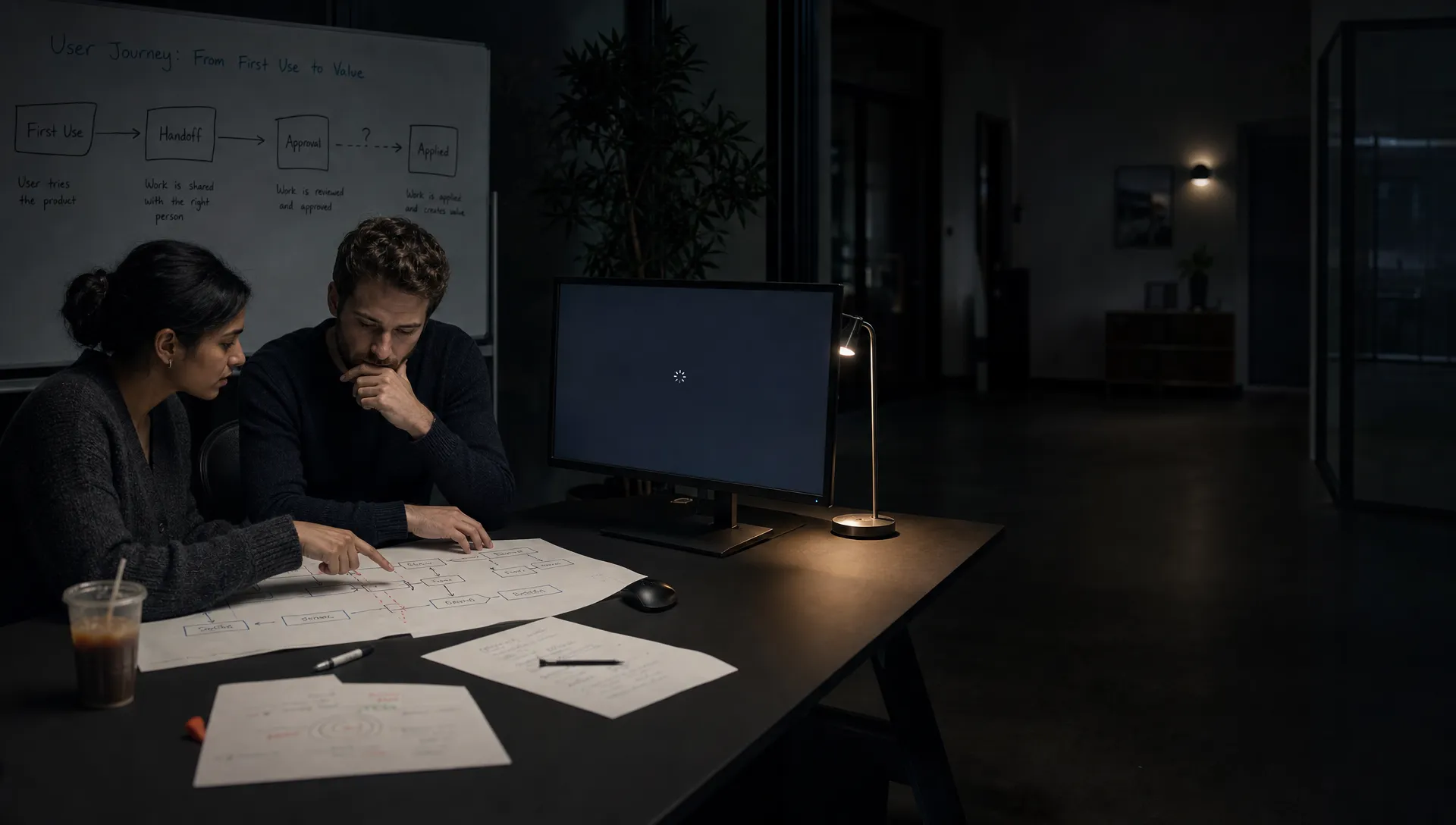 Landscape late-evening office scene in a quiet product workspace, with two product managers seated near the left side of the frame reviewing a printed workflow map spread across the table. One points to a blocked handoff between output, review, and approval while the other studies a monitor that faces the camera and shows a blank decision-state screen with a waiting cursor and no content visible. A whiteboard in the background holds a rough path from first use to handoff to approval to applied, with one transition still unresolved. The desk includes a cold coffee, a pen, and a few marked pages. The room is mostly dark, lit by monitor glow and a small desk lamp, with deep clean shadows, a restrained cool-toned accent, and open space on the right for text overlay.