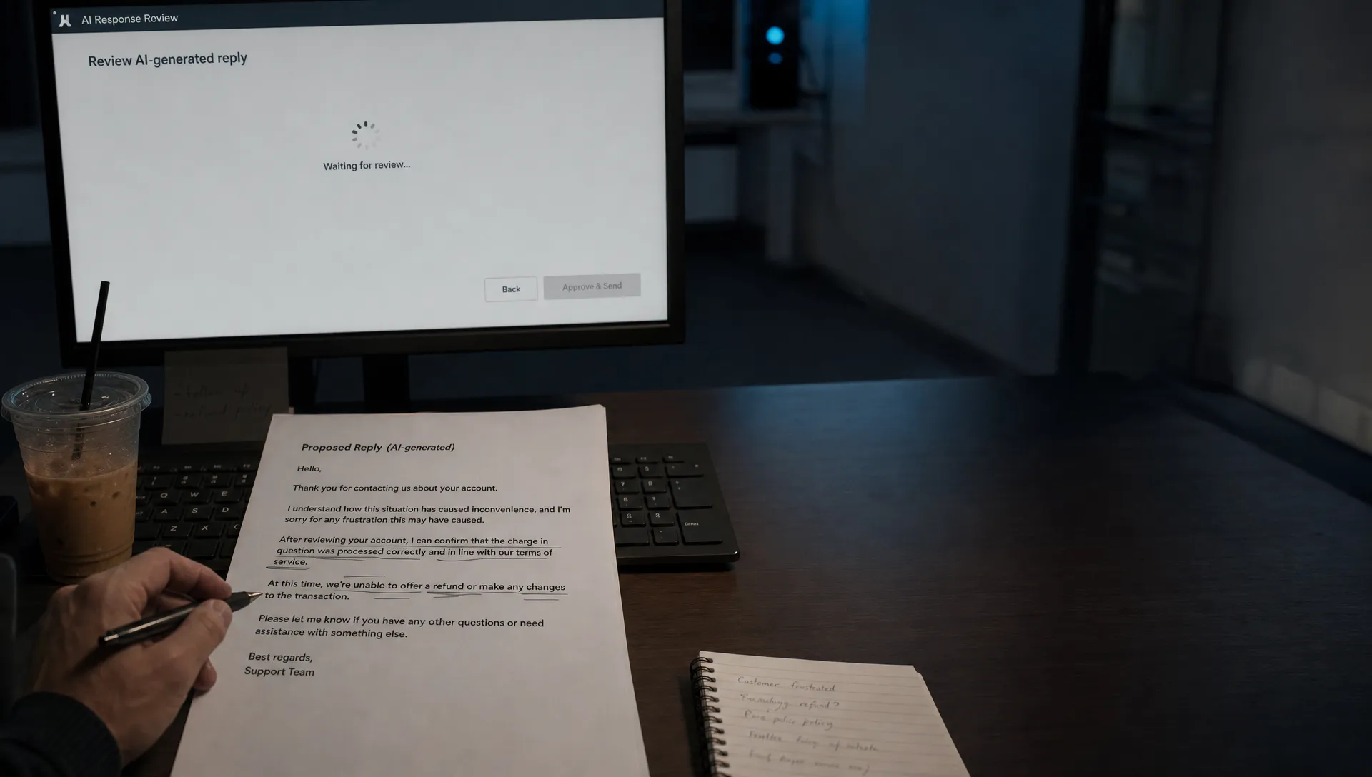 A marked-up AI support reply lies beside a keyboard while a hand holds a pen over the edits and a monitor waits in the background.