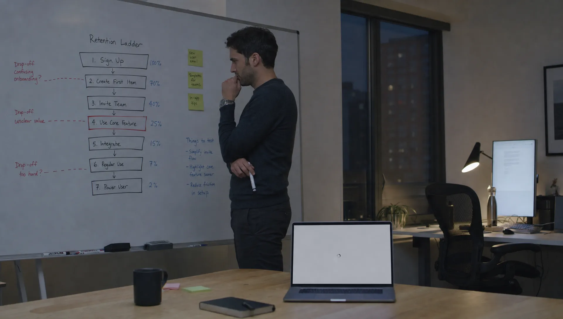 Landscape late-evening office scene, wide shot of a standing whiteboard dominating the left side of the frame, covered with a hand-drawn retention ladder and a few notes around where users drop off. A thoughtful product manager stands just in front of it, marker lowered, studying one boxed step rather than presenting. A laptop on the table faces the camera and shows a blank review state with a waiting cursor and nothing displayed behind it. The right side of the frame is open, with practical light from a desk lamp and monitor glow.