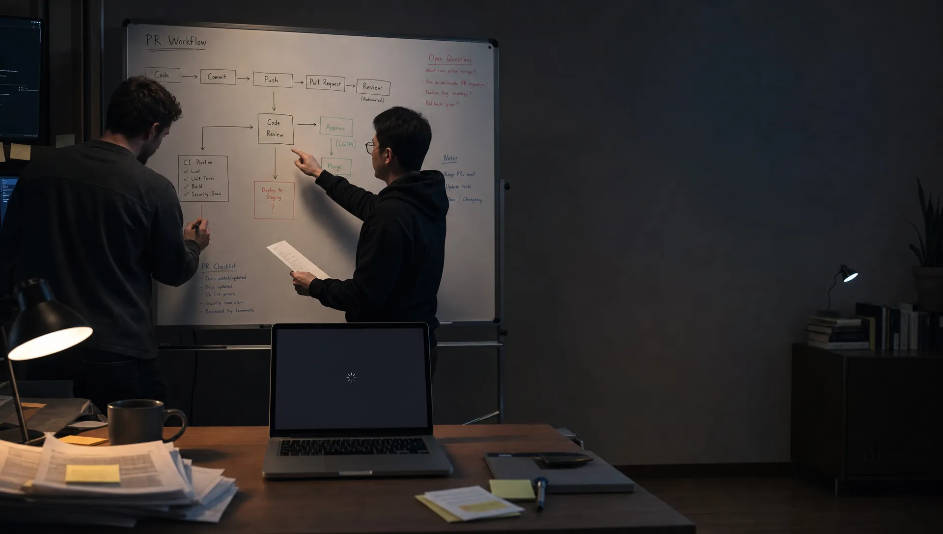 Landscape late-evening office scene in a small engineering room, with two product teammates left of center at a standing whiteboard covered in a workflow sketch and handwritten notes. One person leans in with a marker while the other reads a printed pull request summary and points toward a boxed step in the middle of the diagram, as if debating what happens after code is accepted. A laptop on the table faces the camera and shows a blank review state with a waiting cursor and nothing displayed behind it. The desk holds a stack of test printouts, a mug gone cold, and a few sticky notes. The room is mostly dark, lit by monitor glow and a desk lamp, with deep clean shadows, a restrained cool-toned accent, and open space on the right for text overlay.