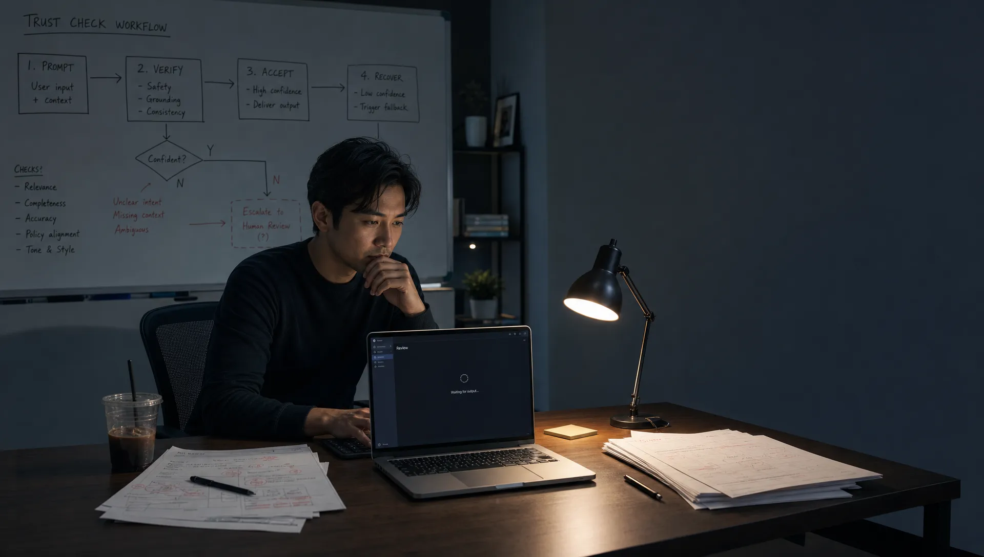 Landscape late-evening office scene in a quiet product workspace, with a single product manager seated near the left-center of the frame and staring at a laptop that faces the camera and shows an empty review pane with a waiting cursor and no content visible. Their hands hover over a keyboard and a printed workflow packet covered in correction marks. Nearby are a cold coffee, a pen, and a small stack of annotated output pages. Behind them, a whiteboard is filled with a rough trust-check sequence from prompt to verify to accept to recover, with one branch still unresolved. The room is mostly dark, lit by monitor glow and a desk lamp, with deep clean shadows, a restrained cool-toned accent, and open space on the right for text overlay.