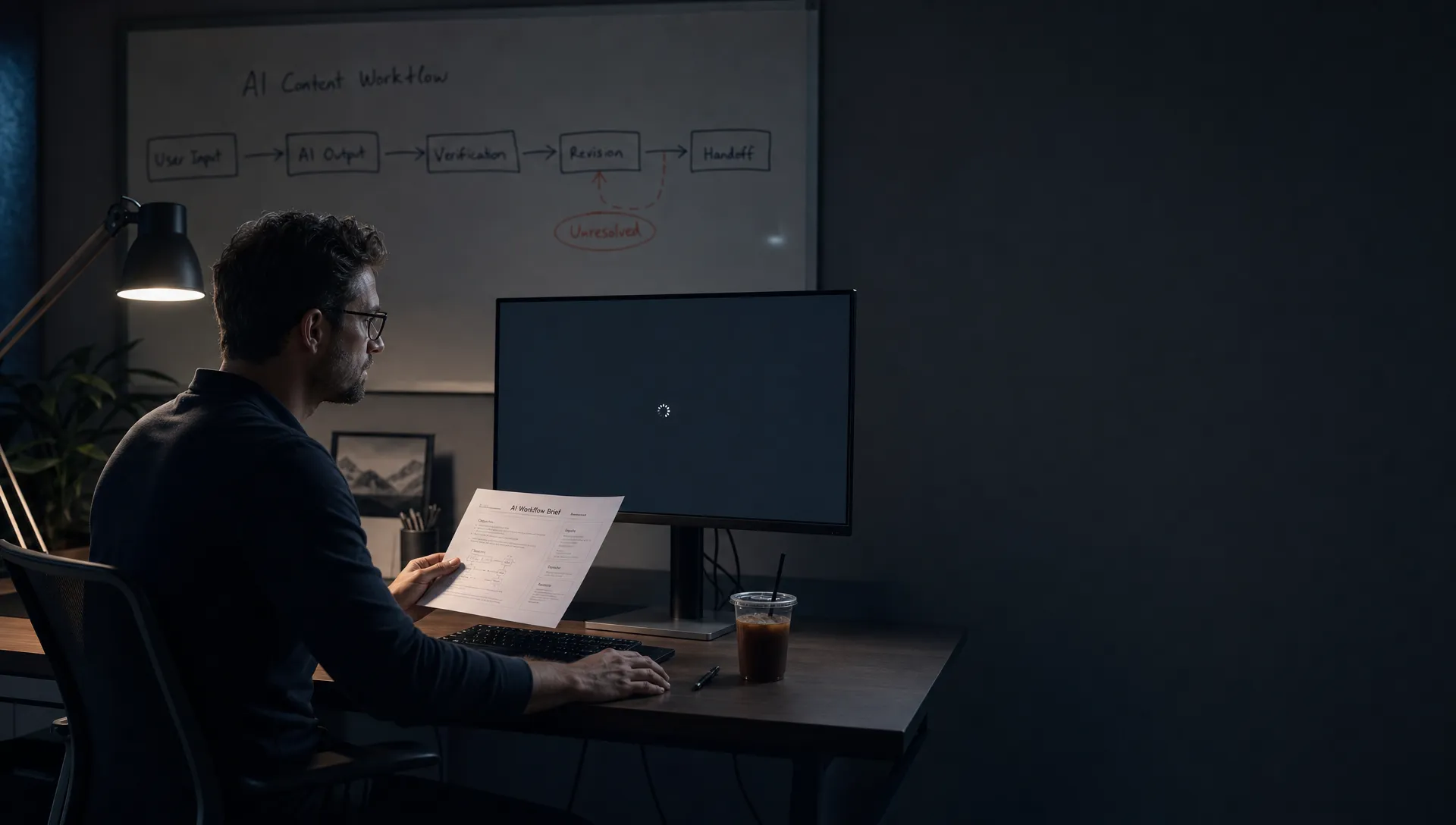Landscape late-evening office scene in a quiet product workspace, with a single product lead seated left of center and reading a printed AI workflow brief while looking toward a monitor that faces the camera and shows an empty output state with a waiting cursor and no content visible. Their hand rests near a keyboard and a pen lies beside a cold coffee, while a wall whiteboard behind them shows a rough sequence from user input to output, verification, revision, and handoff with the revision step marked unresolved. The room is mostly dark, lit only by monitor glow and a desk lamp, with deep clean shadows, a restrained cool-toned accent, and open space on the right for text overlay.
