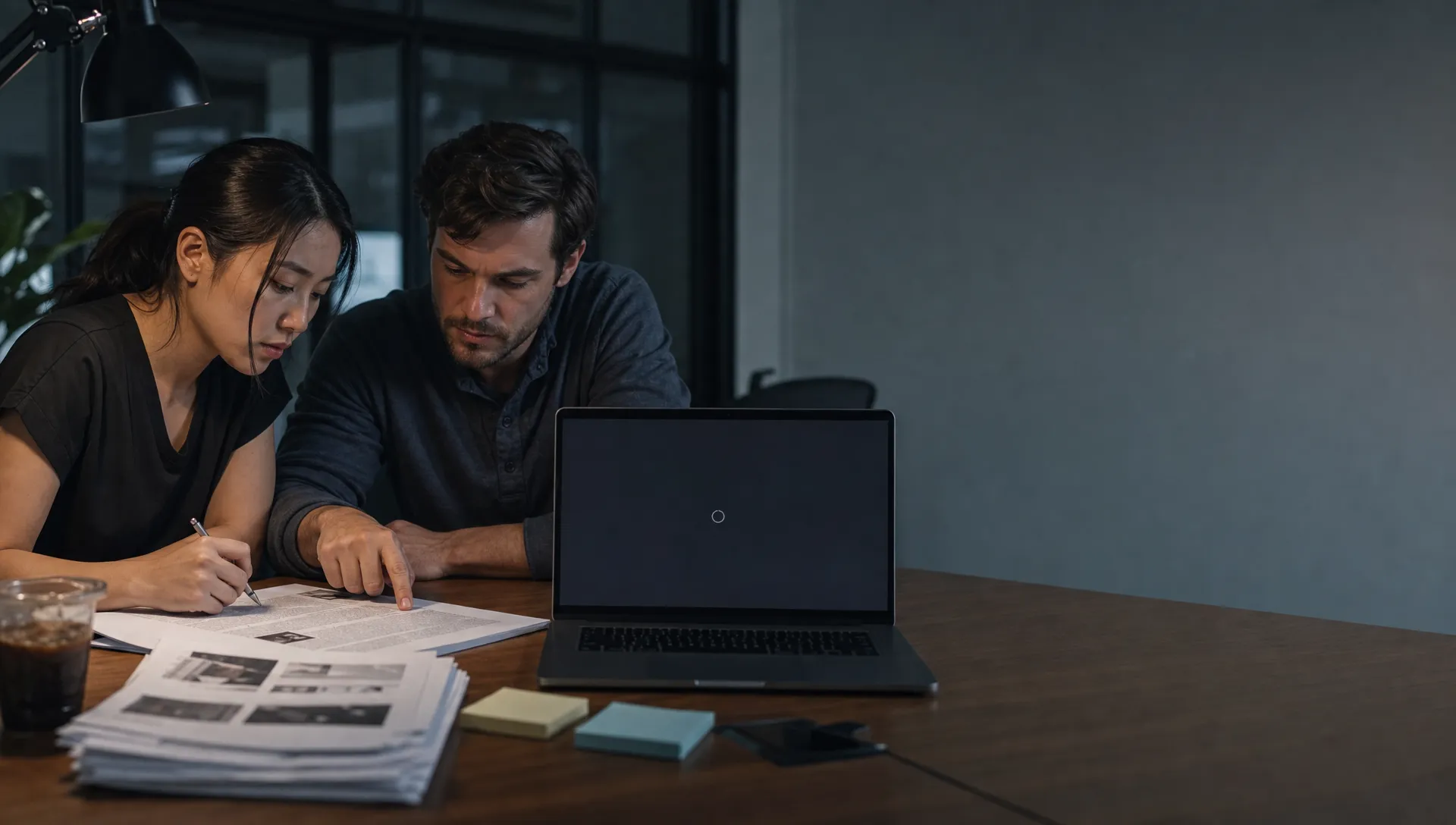 Two teammates review an AI draft together beside a laptop, source pages, and a cold coffee.