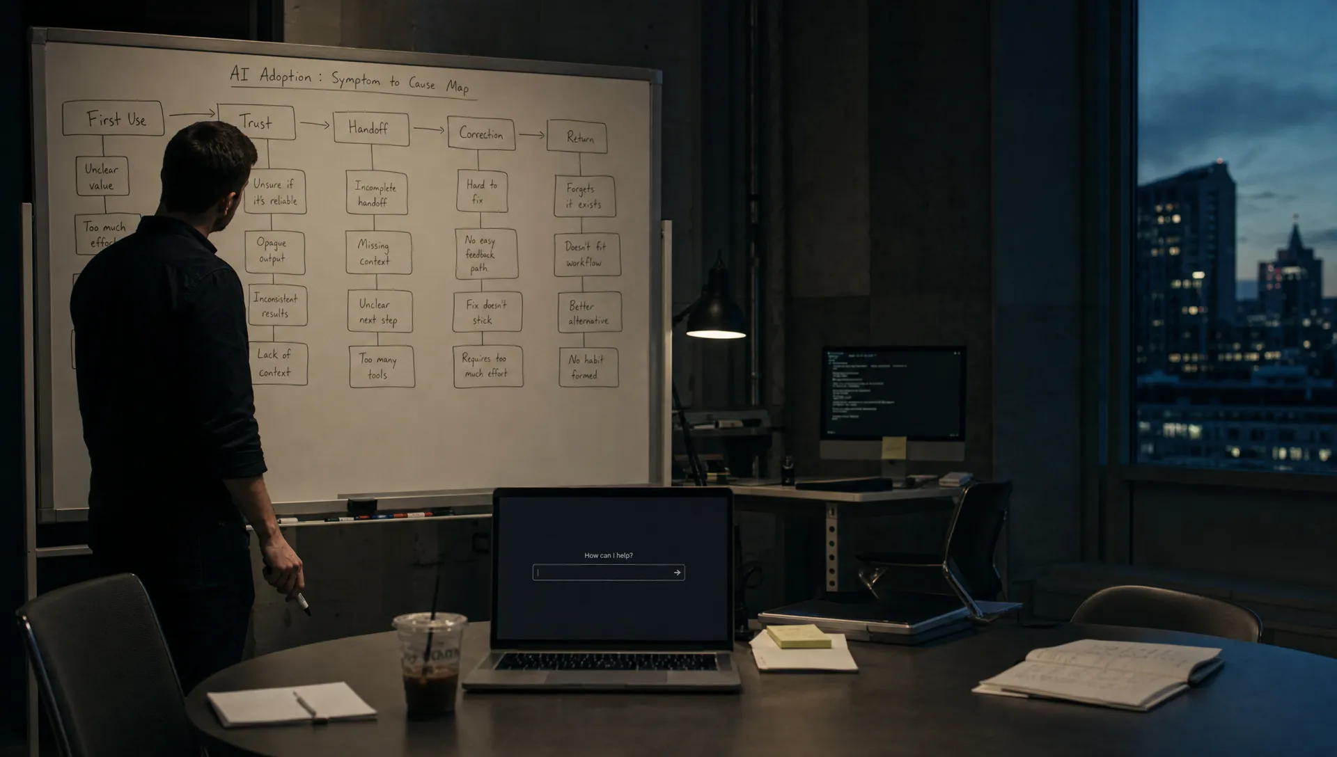A product lead studies a whiteboard mapping AI adoption breaks beside a laptop with an empty prompt.