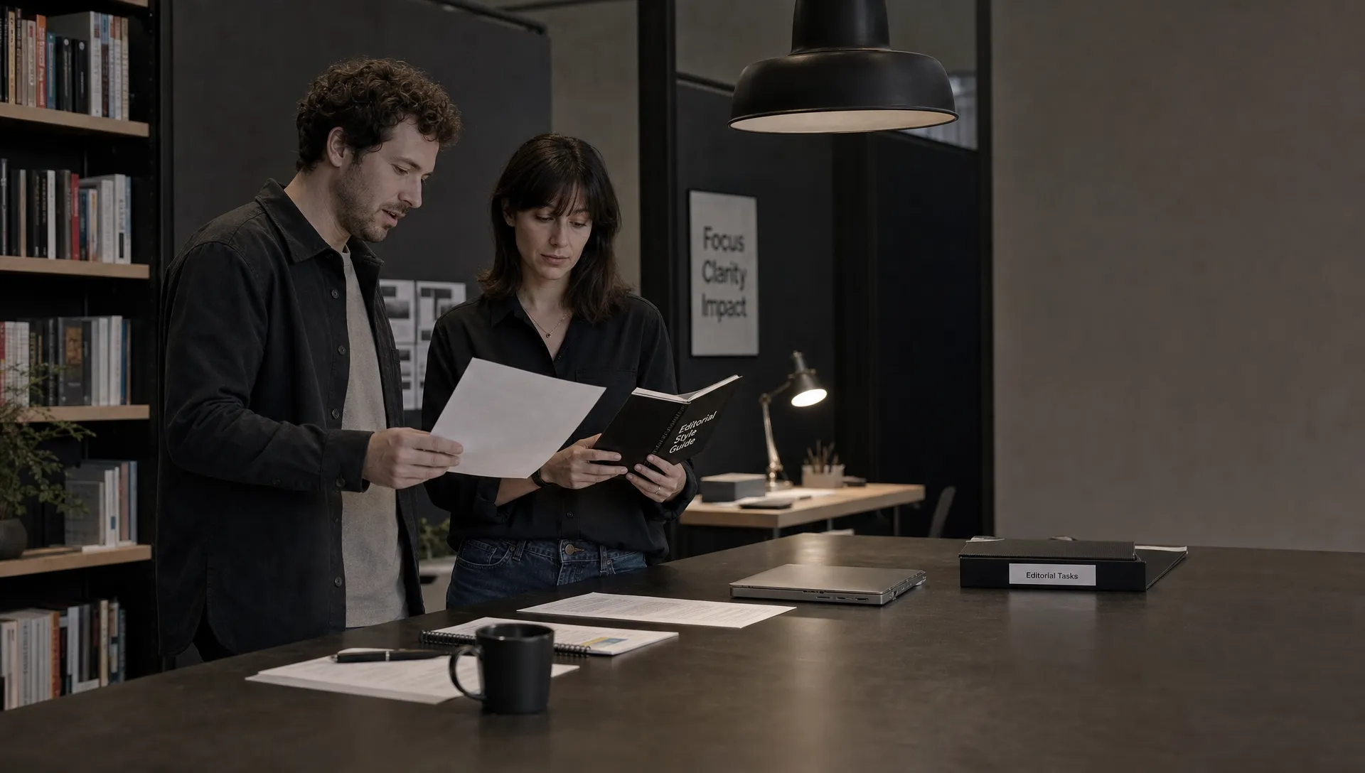 A content author and lead check a single AI-assisted brief against a style guide before accepting the work.