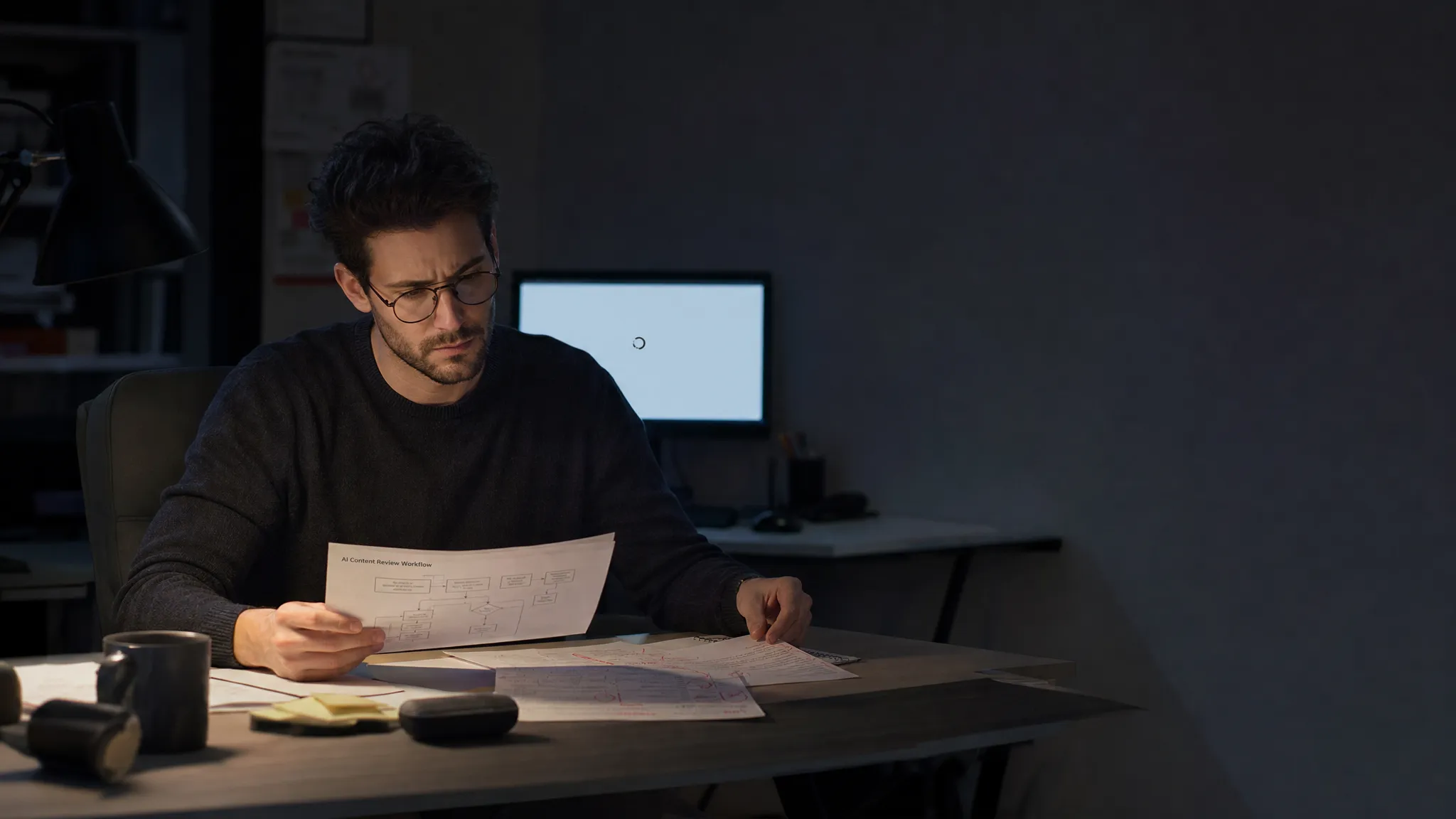 Landscape late-evening office scene with a product designer seated near the center, studying a printed workflow diagram and a marked-up approval checklist spread across a desk. A second sheet with red pen corrections sits beside it. In the background, a monitor faces the camera and shows a mostly blank interface with a waiting cursor and nothing else displayed. One desk lamp and the screen provide the only light. The right side of the frame stays open for text. Quiet, tense mood with deep clean shadows and a subdued cool accent, like a team trying to decide whether an AI output is safe enough to ship.