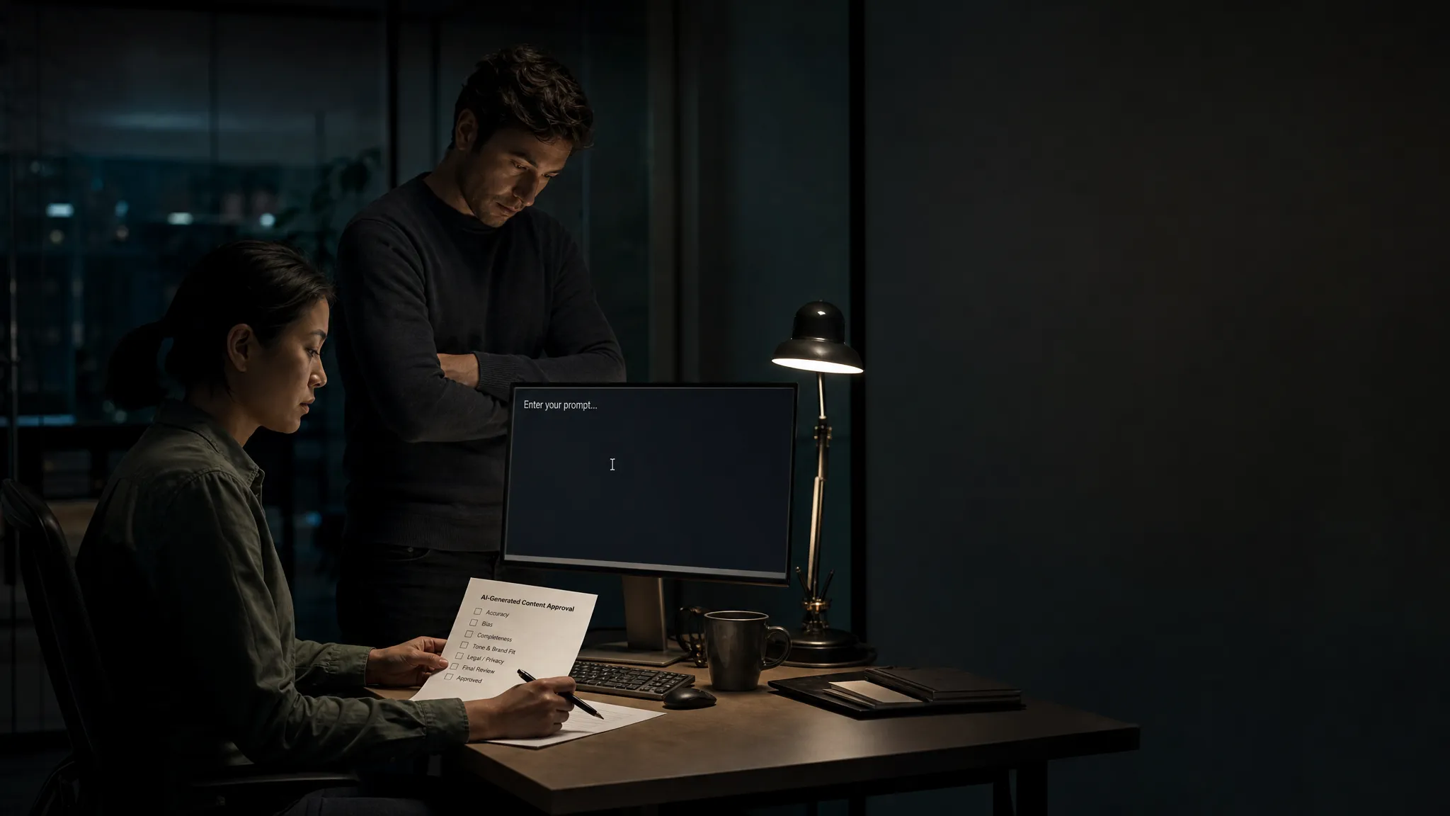 Landscape late-evening office scene with two product teammates quietly reviewing an AI-generated draft on a monitor that faces the camera and shows a blank prompt with a waiting cursor and nothing else displayed. One person sits at the desk with a pen hovering over a printed approval checklist, while the other stands nearby reading the same page in silence. The monitor and a desk lamp provide the only light. The group sits left-of-center, with open space on the right for text. Deep clean shadows, subdued cool accent, and a tense, unresolved mood, like a team trying to decide where responsibility should land.