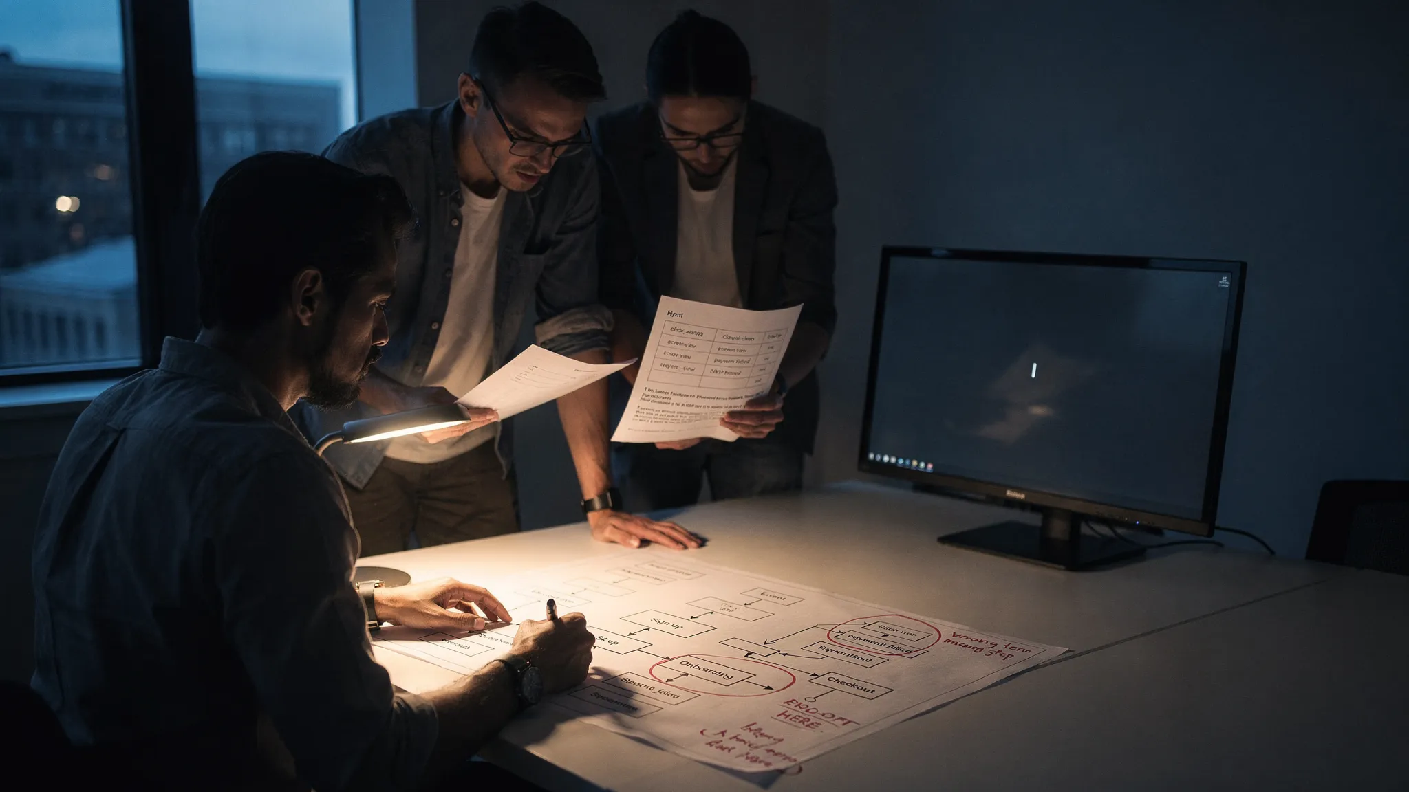 Landscape late-evening office scene with three product teammates in a quiet huddle around a table, studying printed user journey steps, event data, and a few marked-up AI outputs. One person is seated and tracing the broken step with a finger while the others lean in and read in silence. A monitor in the background faces the camera and shows an empty interface with a waiting cursor, nothing else displayed. Wide composition with the group left-of-center and clear space on the right for text. Practical desk lamp and monitor glow only, deep clean shadows, subdued cool-toned accent, tense and unresolved mood.